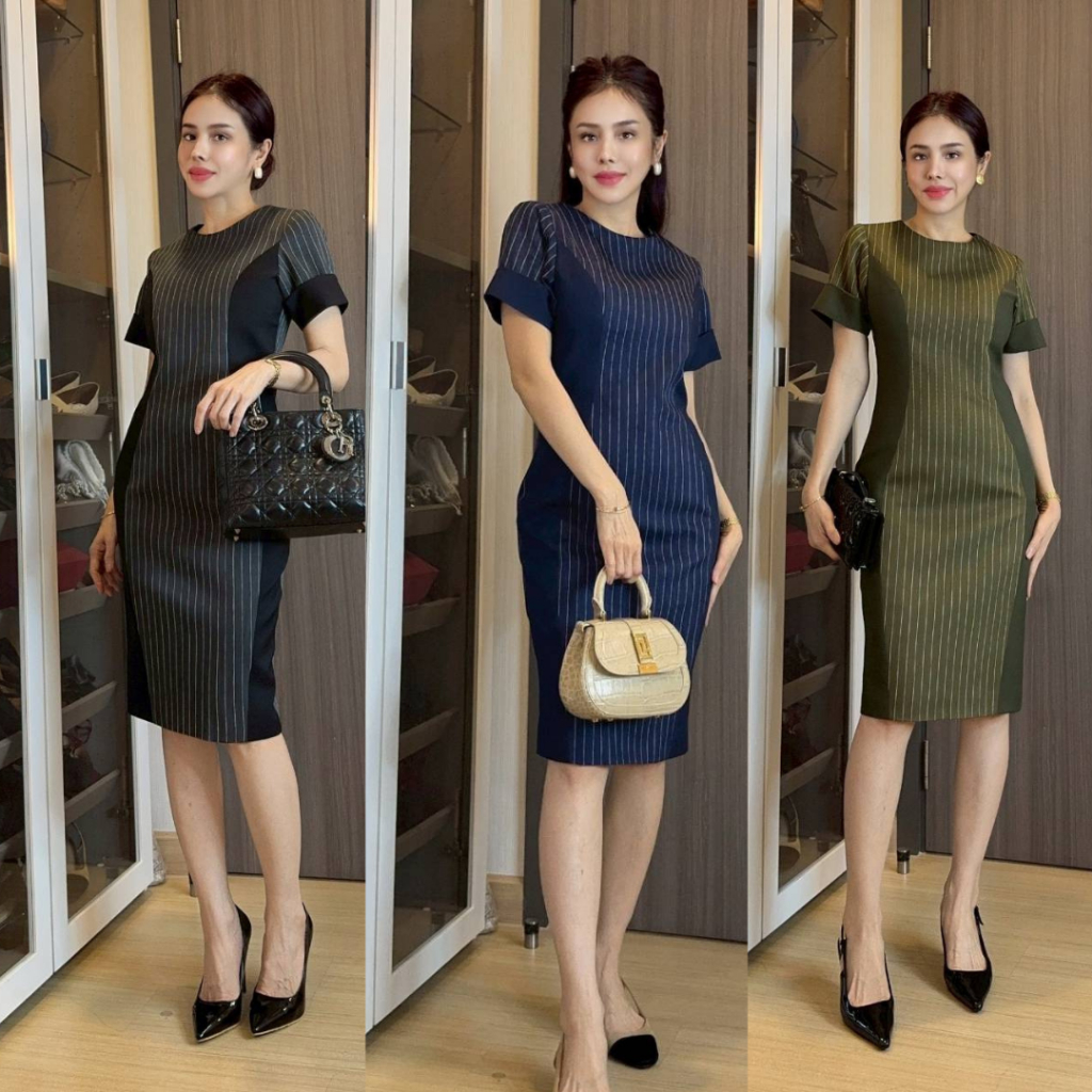ELZ48เดรสผ้าลายททางอัดเคมีกาว