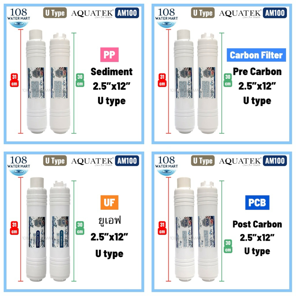 ไส้กรองอินไลน์ Aquatek U Type มี PP (Sediment) Gac (Carbon Filter) Post Carbon PCB โพสต์คาร์บอน ยูเอฟ UF