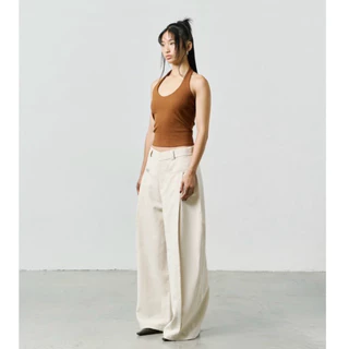 AMUSE BKK - Taggy High waist กางเกงขายาวติดแท๊ก ทรงกระบอกใหญ่เอวสูง ผ้าทวิลทรงสวย