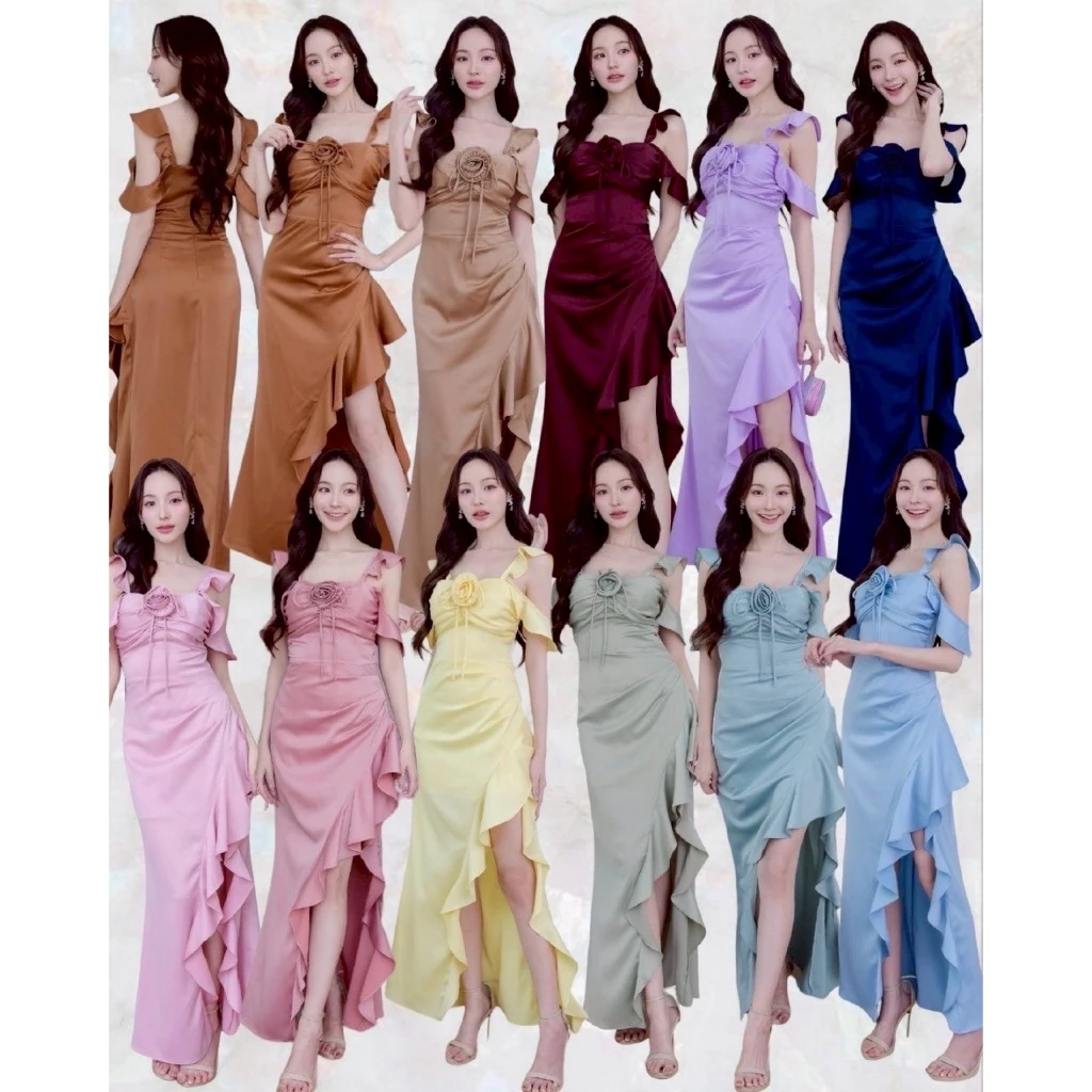 ชุดออกงาน ชุดเพื่อนเจ้าสาว koolykool(พร้อมส่ง S-2XL) CHสายระบายอ้อมแขนอกรูดๆมีฟองน้ำ กประบายย้วย แถมเข็มกลัดดอกไม้ 1 ดอก