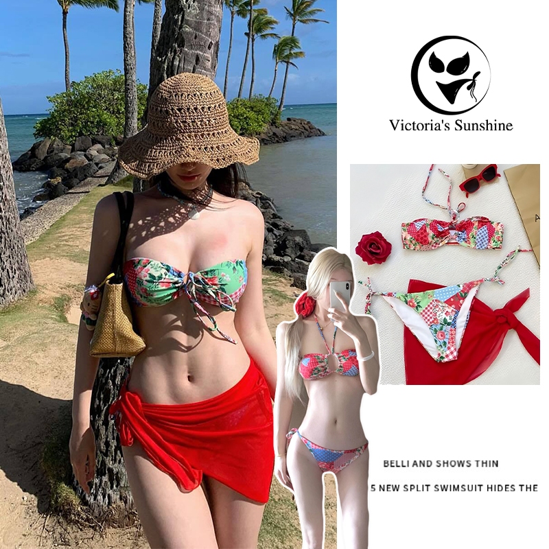 ส่งไวจากไทย บิกินี่ ทูพีช+ผ้ากันเปื้อน ชุดไปทะเล เซ็กซี่ ชุดสีแดง เว้าหลัง#0602