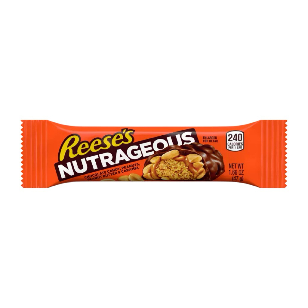 Reese’s nutrageous chocolate รีสเซสนัทเรเจียส ขนมรสช็อกโกแลตนมสอดไส้ถั่วลิสงและคาราเมล
