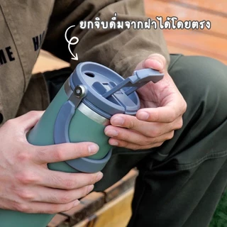 TYESO แก้วน้ำเก็บความเย็นเเละร้อน รุ่นหูหิ้ว สแตนเลส 304 ขนาด 600ml-1200ml ฝา 2 หัวดื่ม