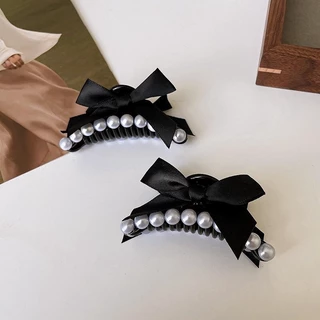 พร้อมส่ง!🇹🇭 ราคา/คู่ กิ๊บโบว์ผ้าประดับมุก รุ่น Pearl Bow โบว์สีดำมุก สไตล์ลูกคุณหนู เนื้องานเกาหลี เกรดพรีเมี่ยม คุณภาพ