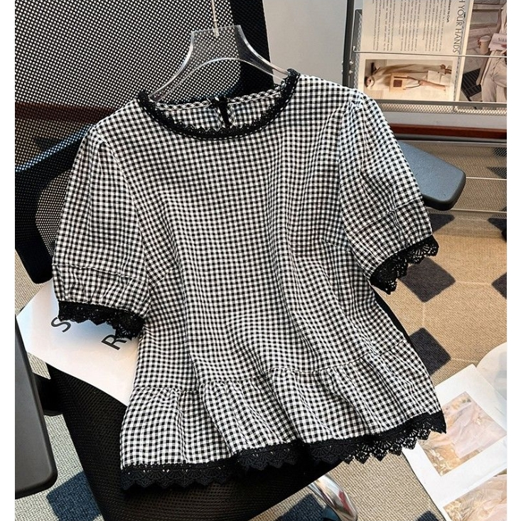 Amber~Xเวอร์ชั่นเกาหลี ตาหมากรุก คอกลม ลูกไม้ แขนสั้น เสื้อเชิ้ต เวอร์ชั่นเกาหลี สไตล์ใหม่