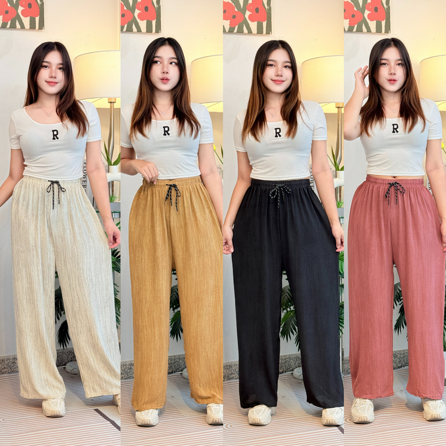 กางเกงขายาวผ้าฝ้าย เอวยางยืดพร้อมเชือกรูด ใส่ได้หลายโอกาส คุณภาพดี ใส่สบาย