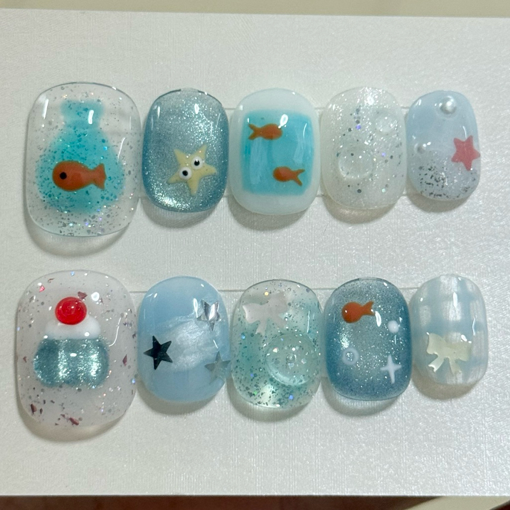 New !! เล็บปลอมเจลลายใหม่ ฟ้าไซรัป ,ขาวมุก, ปลาน้อย,คัพเค้ก เหมือนมีตู้ปลาที่นิ้ว ✨🌀 🐠 (งานพรีออเดอร์)