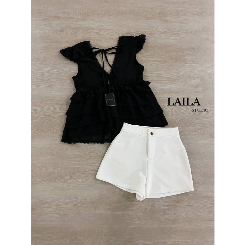 ❥ S-XL ชุดเซ็ท เสื้อชีฟอง + กางเกงขาสั้น สีขาวดำ ลายจุด งานป้าย Laila ชุดเซตน่ารัก ชุดไปคาเฟ่ - รูปที่ 6