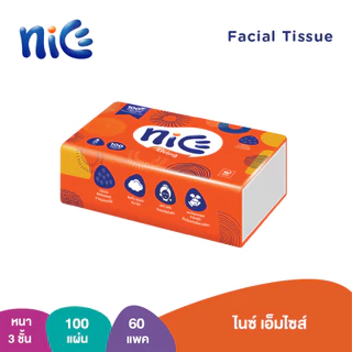 (ยกลัง 6 แพ็ค) Nice ไนซ์ เอ็มไซส์ กระดาษเช็ดหน้า ขนาดกลาง หนา 3 ชั้น 100 แผ่น แพ็ค 10​ ห่อ (ทิชชู่ กระดาษทิชชู่) x 6