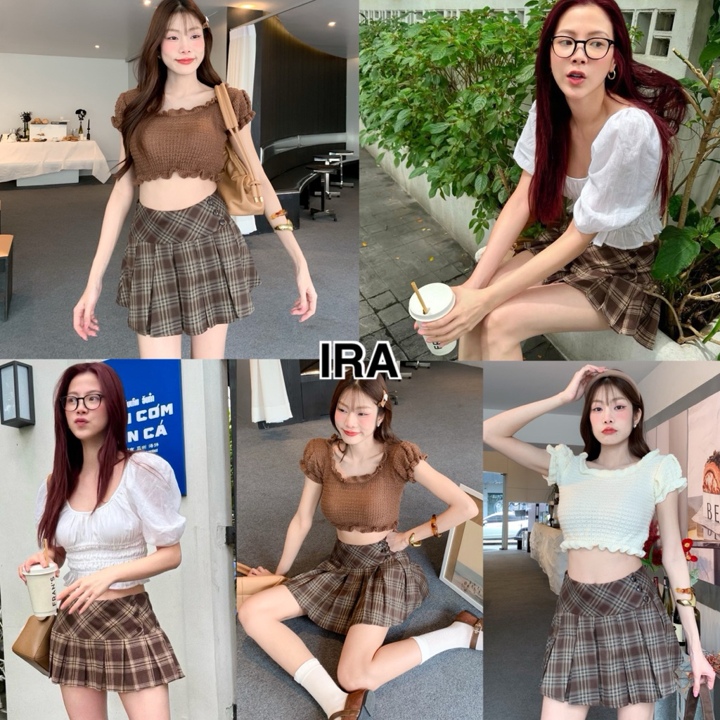 BY IRA(23231)พร้อมส่งค้า กระโปรงเอวต่ำลายสก็อต  ดีเทลติดกระดุมด้านข้าง แต่งกรีบทรงสวย ใส่เข้ารูปมากกกก