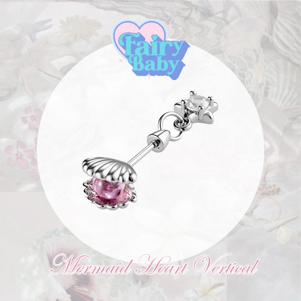 Fairybaby จิว Mermaid Heart Vertical ( 1 ชิ้น) แป้นแบน จิวตุ้มหู  แนวตั้ง ลวดลาย เปลือกหอย ไข่มุก สีชมพู น่ารักมาก 0.8