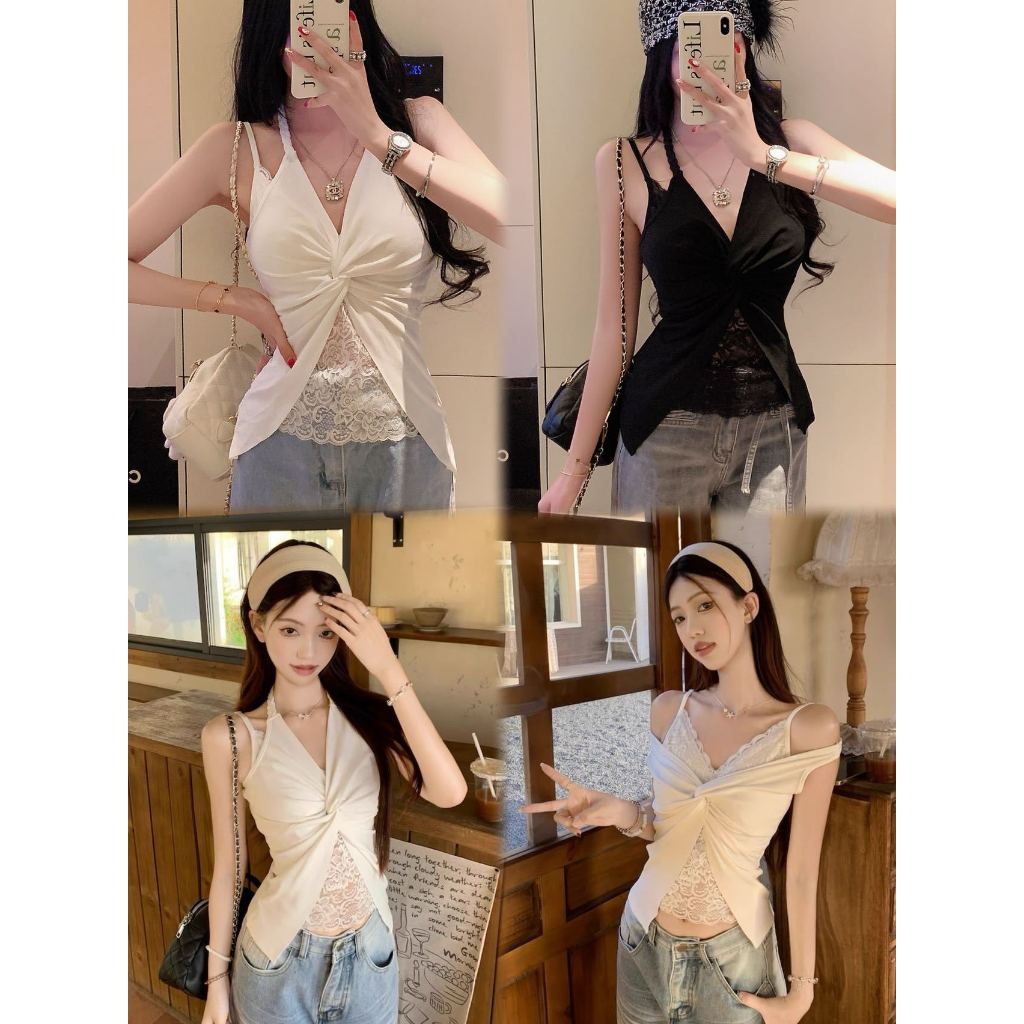 B-313เสื้อครอปOrchid Tank Top สายเดี่ยว สายคล้องคอ เซ็ต2ชิ้น(ติดกัน) อกผ้าสอดไขว้ ด้านในผ้าลูกไม้ ผ้าโพลิเอสเตอร์