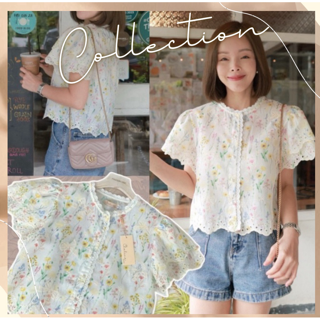 Chaline • เสื้อแขนระบาย เนื้อผ้าคอตตอนลายปักในเนื้อผ้า APPLECLOSET