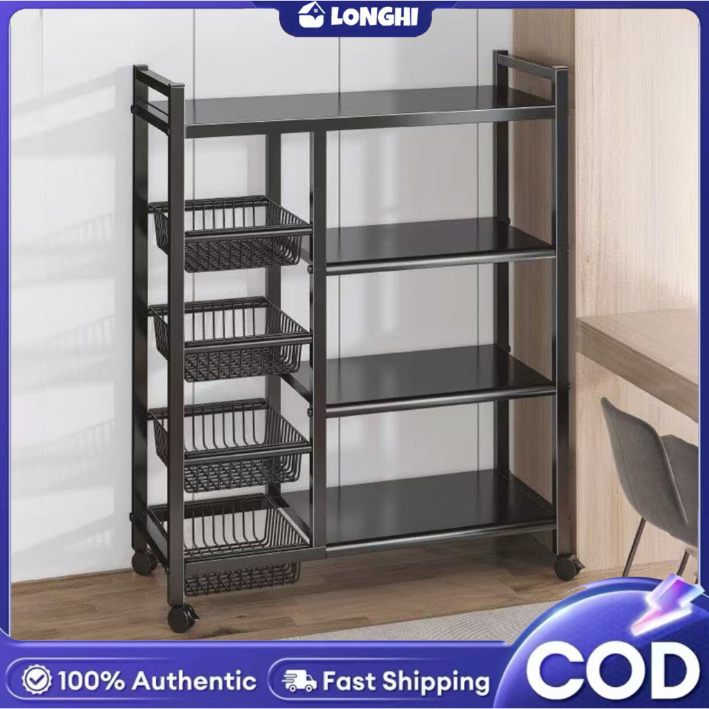 LONGHIS (พร้อมส่ง) W56 ชั้นวางของในครัว วางไมโครเวฟ พร้อมล้อ 3/4/5ชั้น มาพร้อมตะกร้า