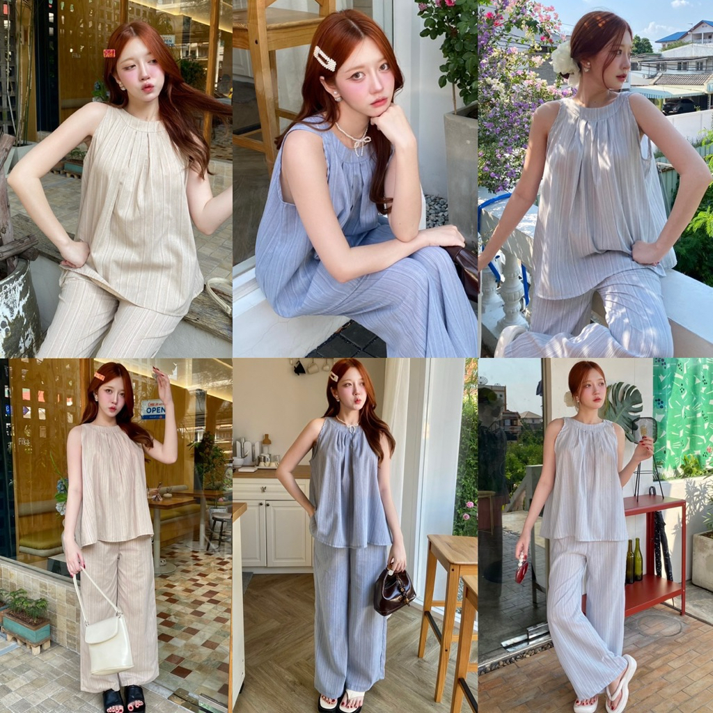 KORRA ·͜·♡ชุดเช็ตเสื้อแขนกุดคอกลม+กางเกงงานผ้าลินินลายทาง🤎ดีเทลเสื้อจับจีบหน้า✨มีเชือกผูกโบว์หลัง ใส่สวยตัวเดียวจบเลย📸🫧