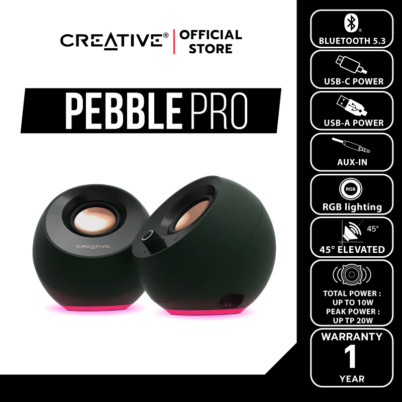 CREATIVE SPEAKER PEBBLE PRO ลำโพง 2.0 บูลทูธ 5.3  สีดำ เชื่อมต่อผ่าน USB-C พร้อมไฟ RGB