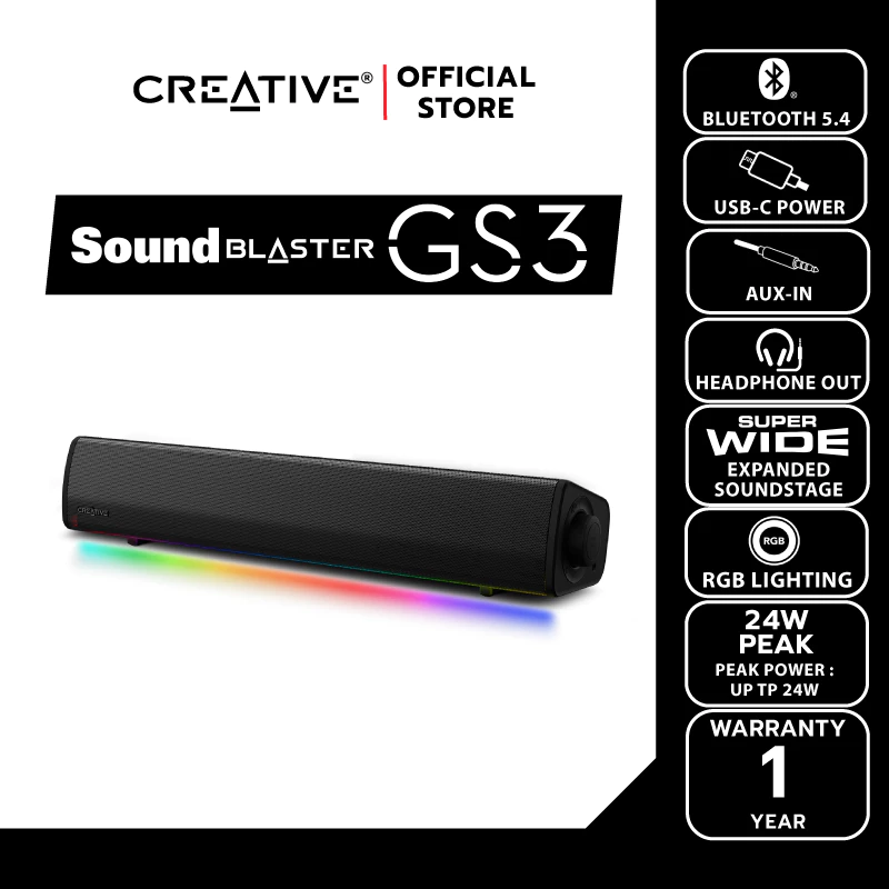 CREATIVE SPEAKER Sound Blaster GS3  ลำโพงเกมมิ่งซาวด์บาร์พร้อมไฟ RGB พลังเสียง SuperWide™ technology