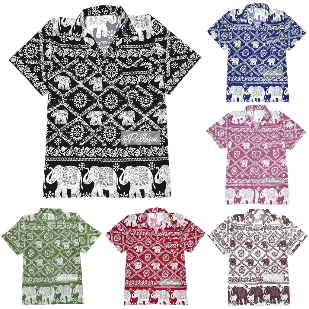 7ไซส์ S-4XL งานไทย เสื้อลายช้าง ลายโซ่ ไหมอิตาลี เสื้อเชิ้ตฮาวาย hw801