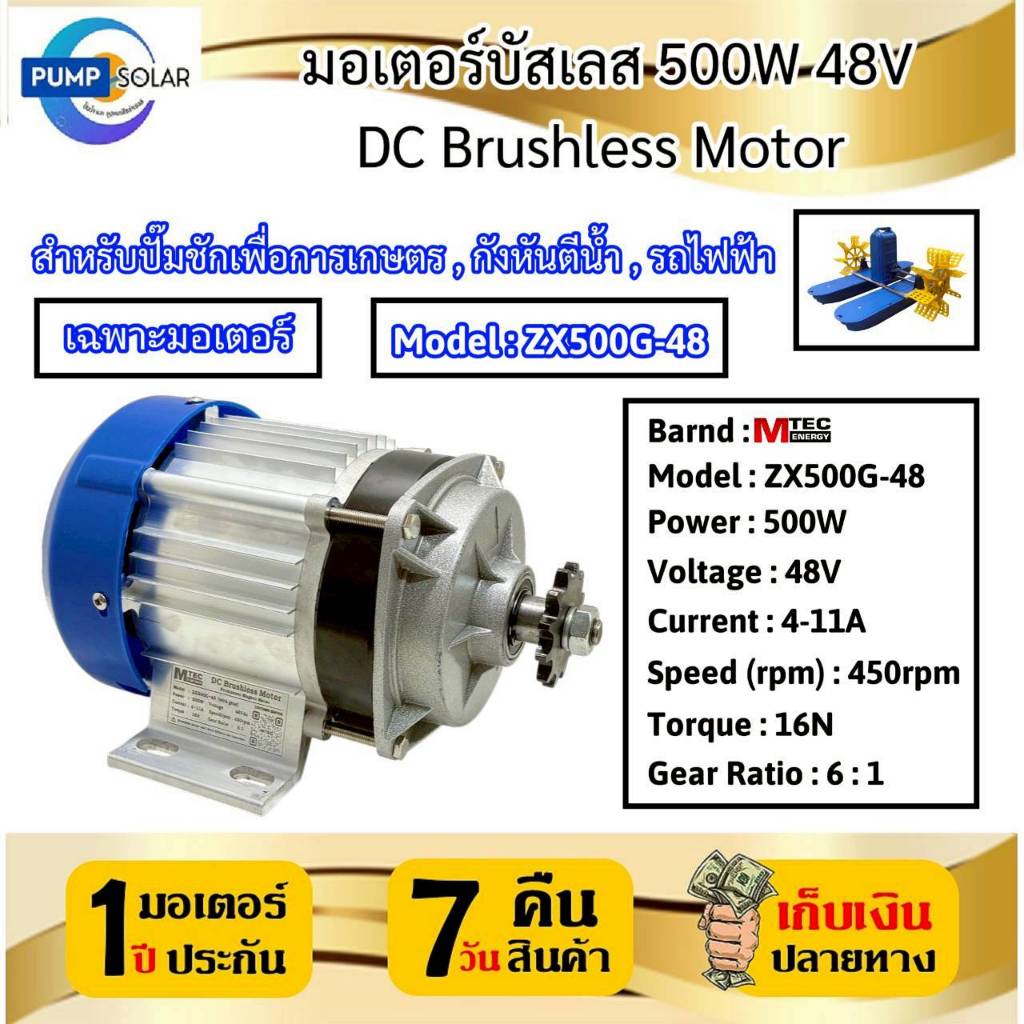 มอเตอร์บัสเลส 500W 48V ZX500G-48 (เฉพาะมอเตอร์ ) DC MOTOR Brushless