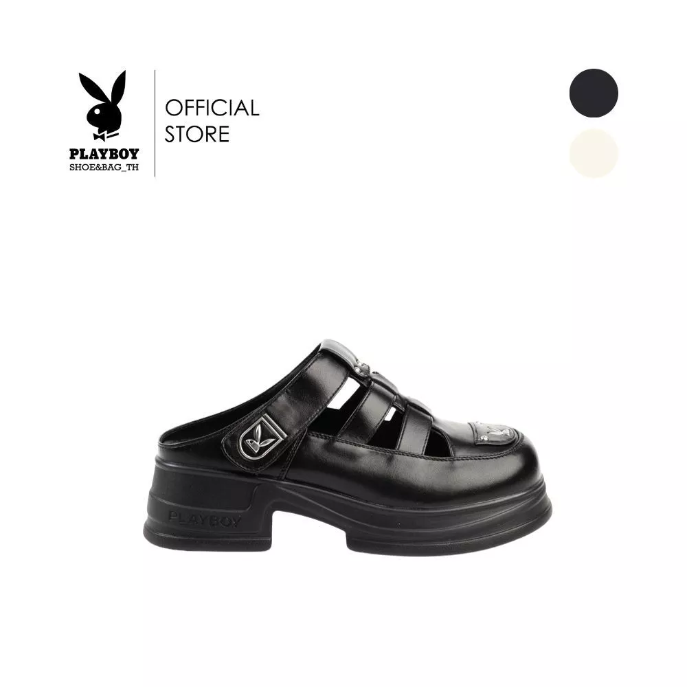 PLAYBOY รองเท้ามิวล์ (Mule) รหัส ST-H252C1209 ดีไซน์ทรงมิวล์(Mule)เปิดส้น ส้นหนาแต่งโลโก้ สีClassic blackและCreamy white