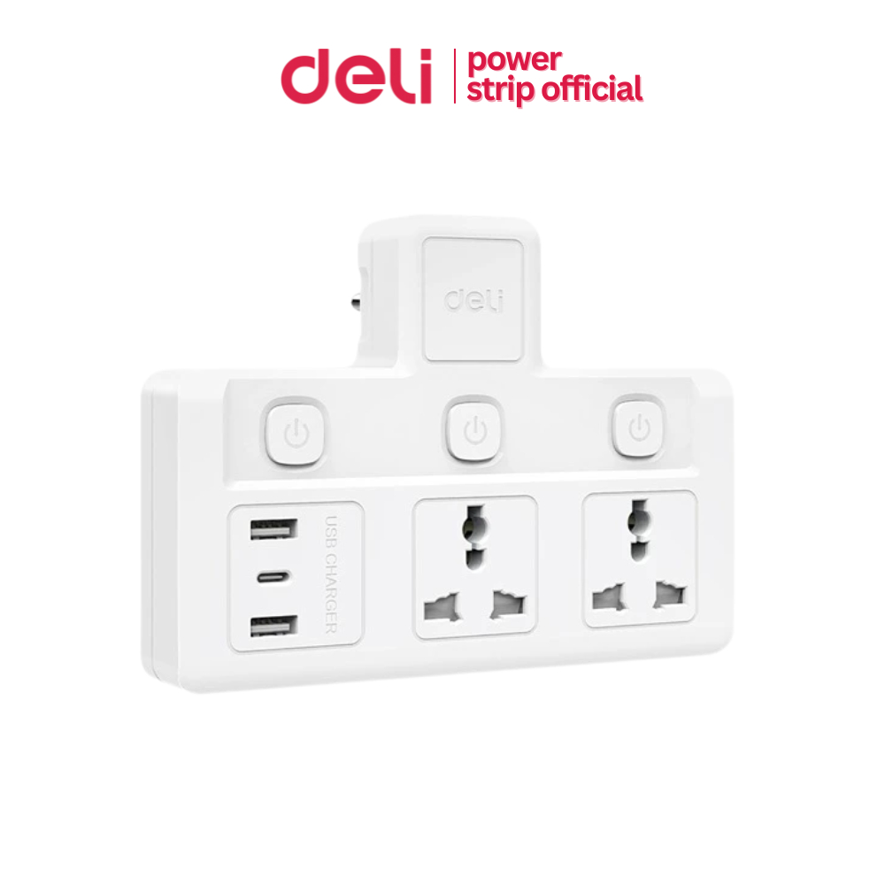 Deli ปลั๊กแปลง อแดปเตอร์ ปลั๊กไฟ USBA+C ชาร์จเร็ว MAX 10A 2500W ทนร้อนสูง 750องศา Universal Adapter