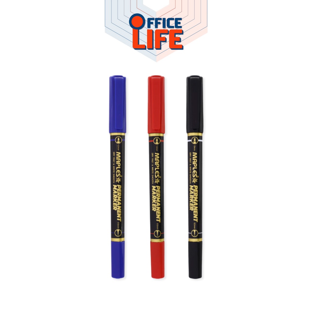 MAPLES (เมเปิ้ล) ปากกามาร์คเกอร์ มาร์คเกอร์กันน้ำ รุ่น MP-C12 เขียนถุง เขียน CD หมึกน้ำเงิน ดำ แดง 2 หัว ( 1 ด้าม )