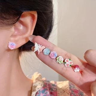 COD-ส่งเร็วจากไทย🎀ชุดต่างหูสตั๊ดS925 ประดับโบว์รูปผีเสื้อ ดอกไม้ส ไตล์หรูหราแสง ป้องกันหูไม่ทําให้แพ้ง่าย-Ten