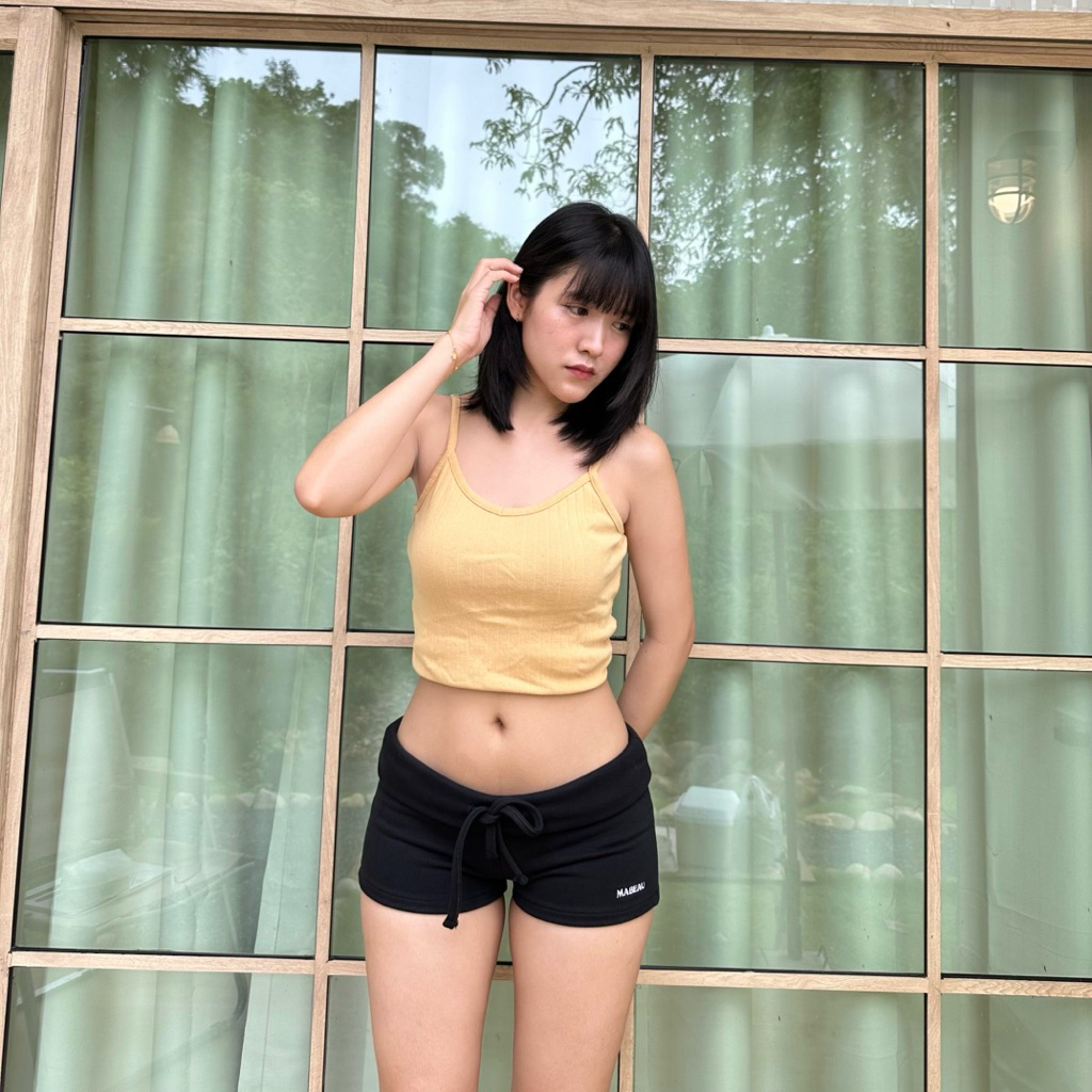 Mabeau - Fluffy shorts กางเกงขาสั้นเอวต่ำพับขอบเอว(ขอบเอวไม่ได้เย็บติด)  ปักฟ้อนภาษาอังกฤษ รูปที่ 5