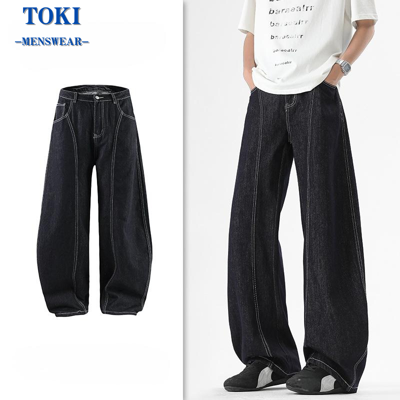 toki-กางเกงยีนส์ผู้ชาย ขายาว Blue Denim ทรงตรงหลวม  สไตล์อเมริกันวินเทจ baggy jeans แบบหลวม สุดฮิตแฟชั่น ฮิปฮอปย้อนยุค
