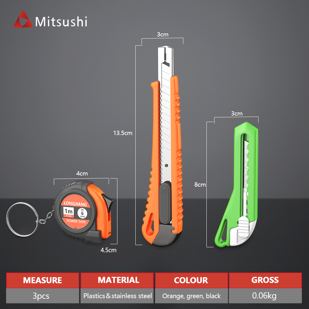 Mitsushi คัตเตอร์ 3pcs ตลับเมตร มีดคัตเตอร์ คัตเตอร์จิ๋ว คัตเตอร์  ใบมีดคม อเนกประสงค์ พกพาง่ายๆ งานdiy