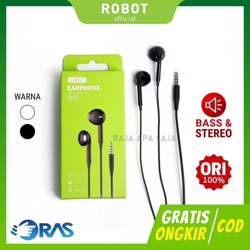 ROBOT หูฟังมีสาย รุ่น RE10/RE20 หูฟัง มีไมโครโฟนในตัว Earphone  เบสหนัก แจ็ค AUX 3.5 มม.