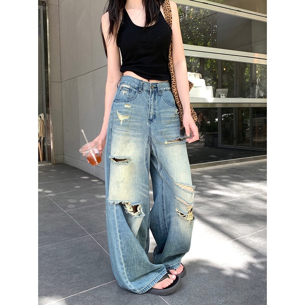 Beautified กางเกงยีนส์ขาดวินเทจทรงหลวมขากว้างเมทร์ง่าย เหมาะสำฤดูใบไม้ผลิและฤดูร้อน