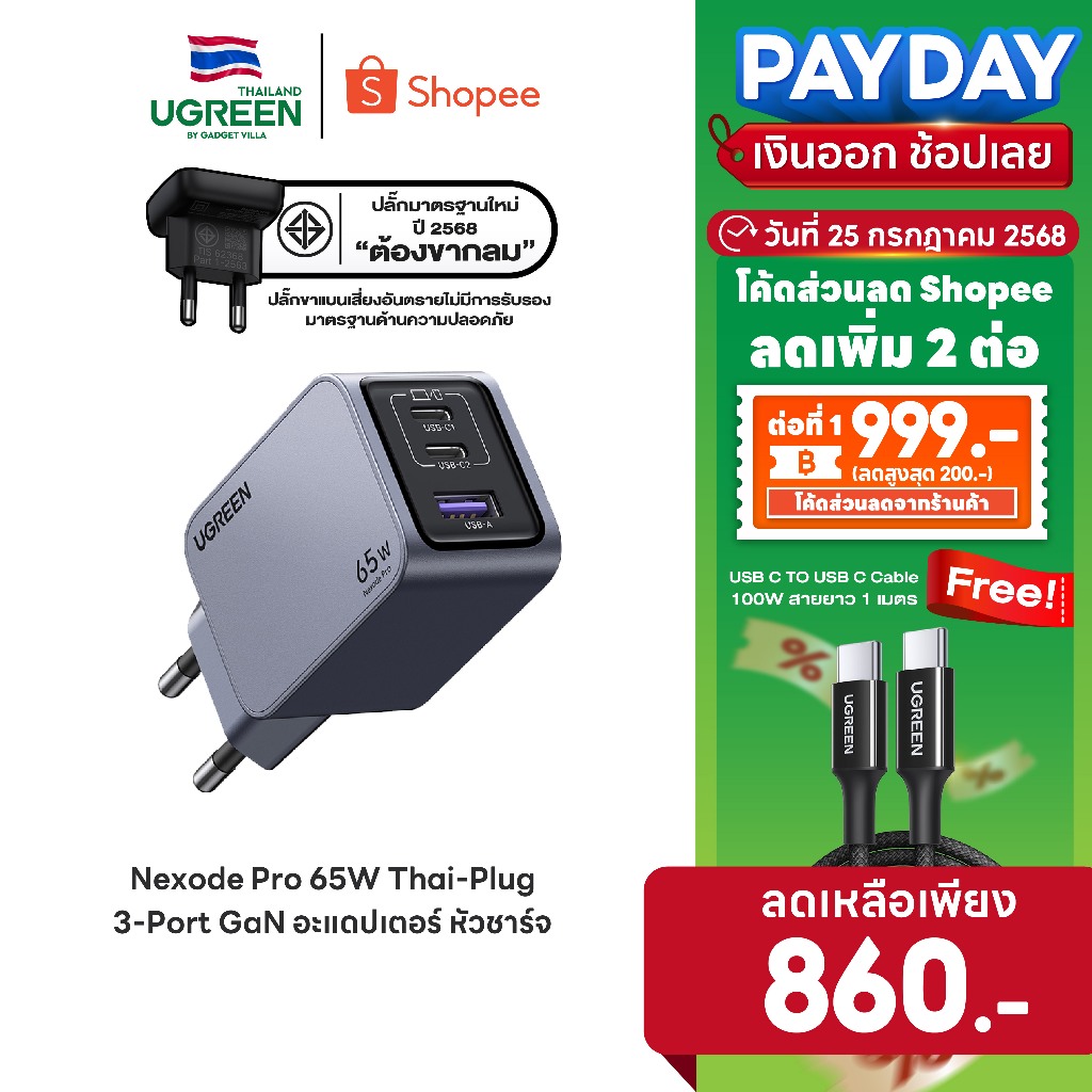 [ลดเหลือ 860] UGREEN Nexode Pro 65W 3-Port GaN อะแดปเตอร์ หัวชาร์จ Super Fast Charging 3in1 รุ่น X755