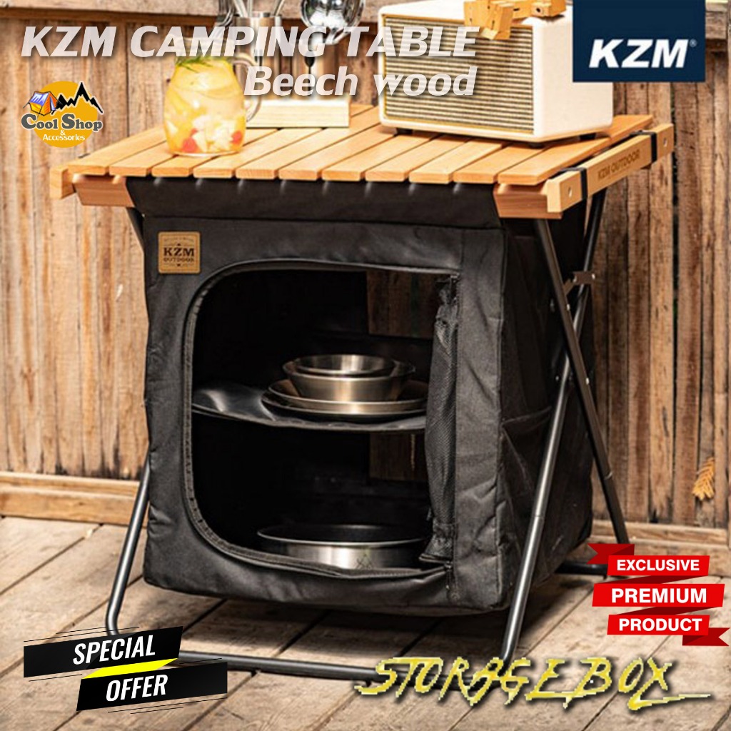 KZM Outdoor โต๊ะพับ ไม้บีช พร้อมตู้เก็บของ พับได้ แข็งแรง ทนทาน พกพาสะดวกพร้อมกระเป๋าจัดเก็บอย่างดี 