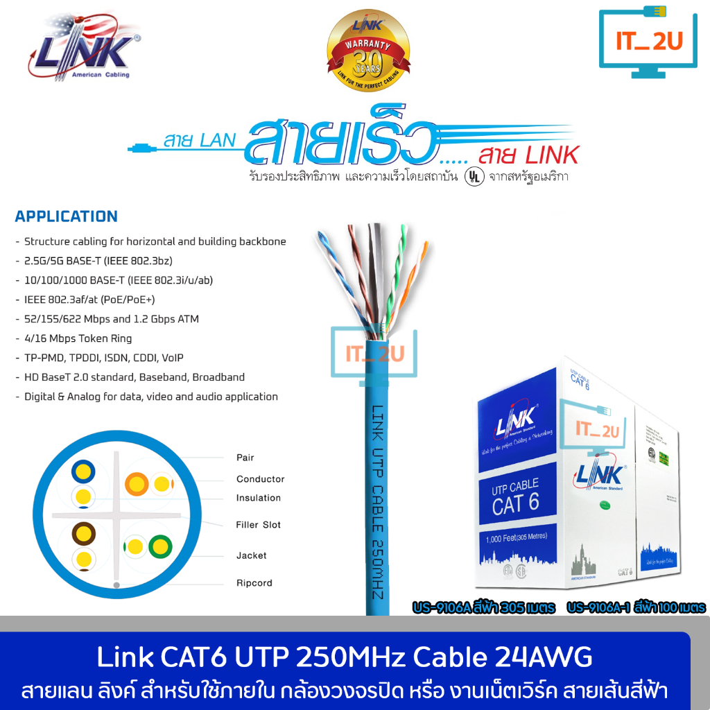 Link US-9106A/US-9106A-1 Cable Lan Cat6 250MHz 100M/305M สายแลน Cat6 ใช้ภายในอาคาร