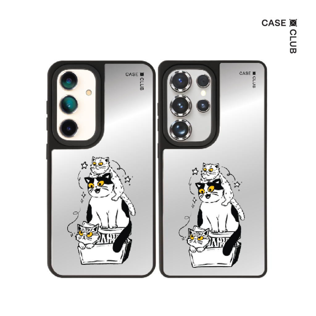 CaseClub เคส ซัมซุง เคส Samsung เคส กระจก ลาย Cat Trio สำหรับ Galaxy S25 Ultra / S25 / S24 Ultra / S