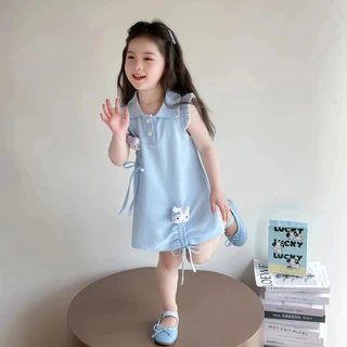 PRINCESS KESLI สาวแต่งตัว แขนพอง ฤดูร้อนสไตล์ใหม่ชุดเจ้าหญิงเด็กการ์ตูนหมีกระโหลกสไตล์โปโลชุดคอปก 2-11 ปี