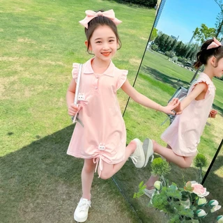 PRINCESS KESLI สาวแต่งตัว แขนพอง ฤดูร้อนสไตล์ใหม่ชุดเจ้าหญิงเด็กการ์ตูนหมีกระโหลกสไตล์โปโลชุดคอปก 2-11 ปี