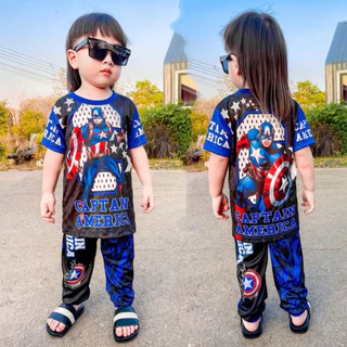 ชุดเซ็ทเด็ก เสื้อแขนสั้น+กางเกงขายาว ชุดเด็ก ลายซุปเปอร์ฮีโร่ ผ้าไมโครไฟเบอร์ ปลายขาจั๊ม