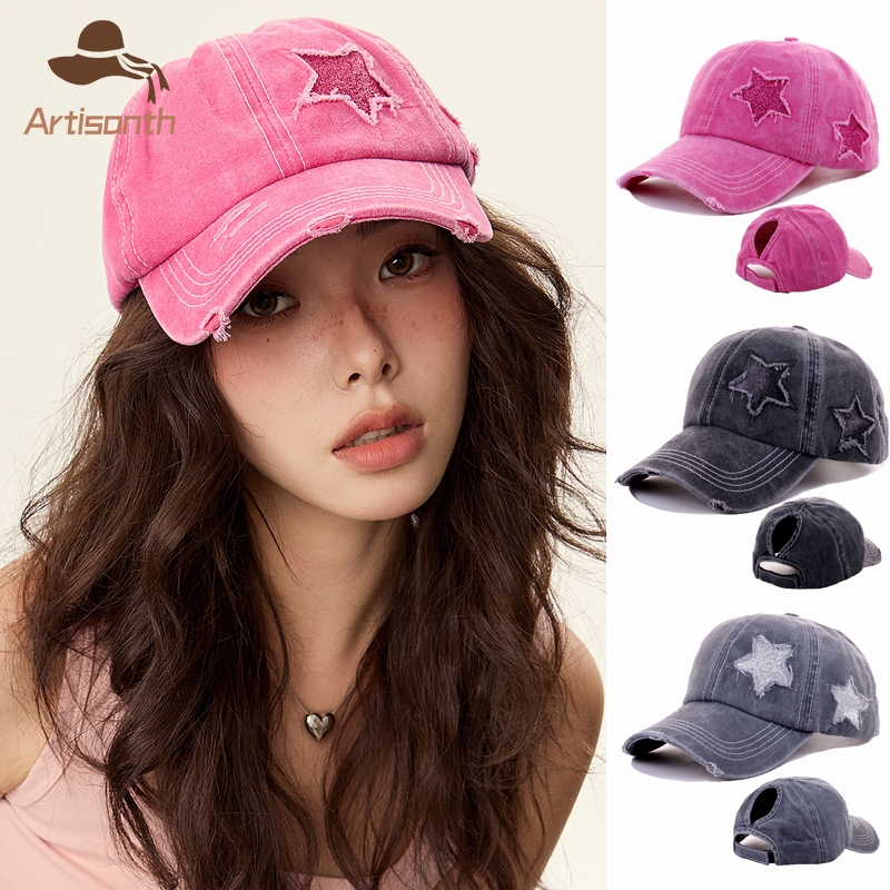 ส่งเร็ว💥หมวกเบสบอลแฟชั่น ชนิดผ้าฝ้าย ปักลายดาวY2k สไตล์เกาหลีวินเทจ ผู้หญิงผมหางม้า กลางแจ้ง หมวกกันแดด
