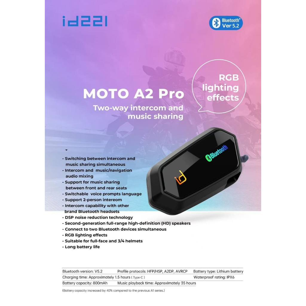 บลูทูธติดหมวก ID221 รุ่น MOTO A2 Pro