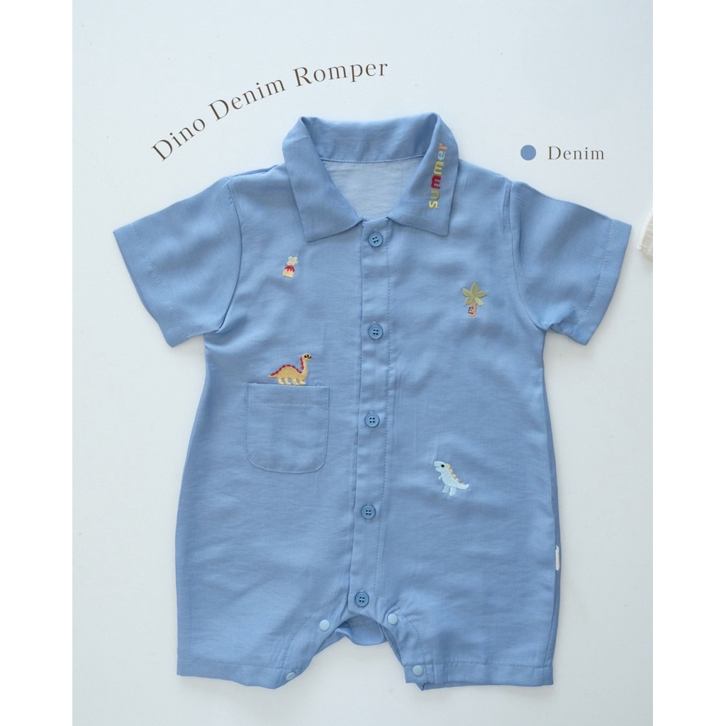 พร้อมส่ง🧸 รอมเปอร์เด็กสียีนส์ ผ้านิ่มมาก Dino Denim Romper มีลายปักไดโนน่ารัก ผ้านิ่มใส่สบายมากๆ ใส่ออกไปข้างนอกได้เลย💙
