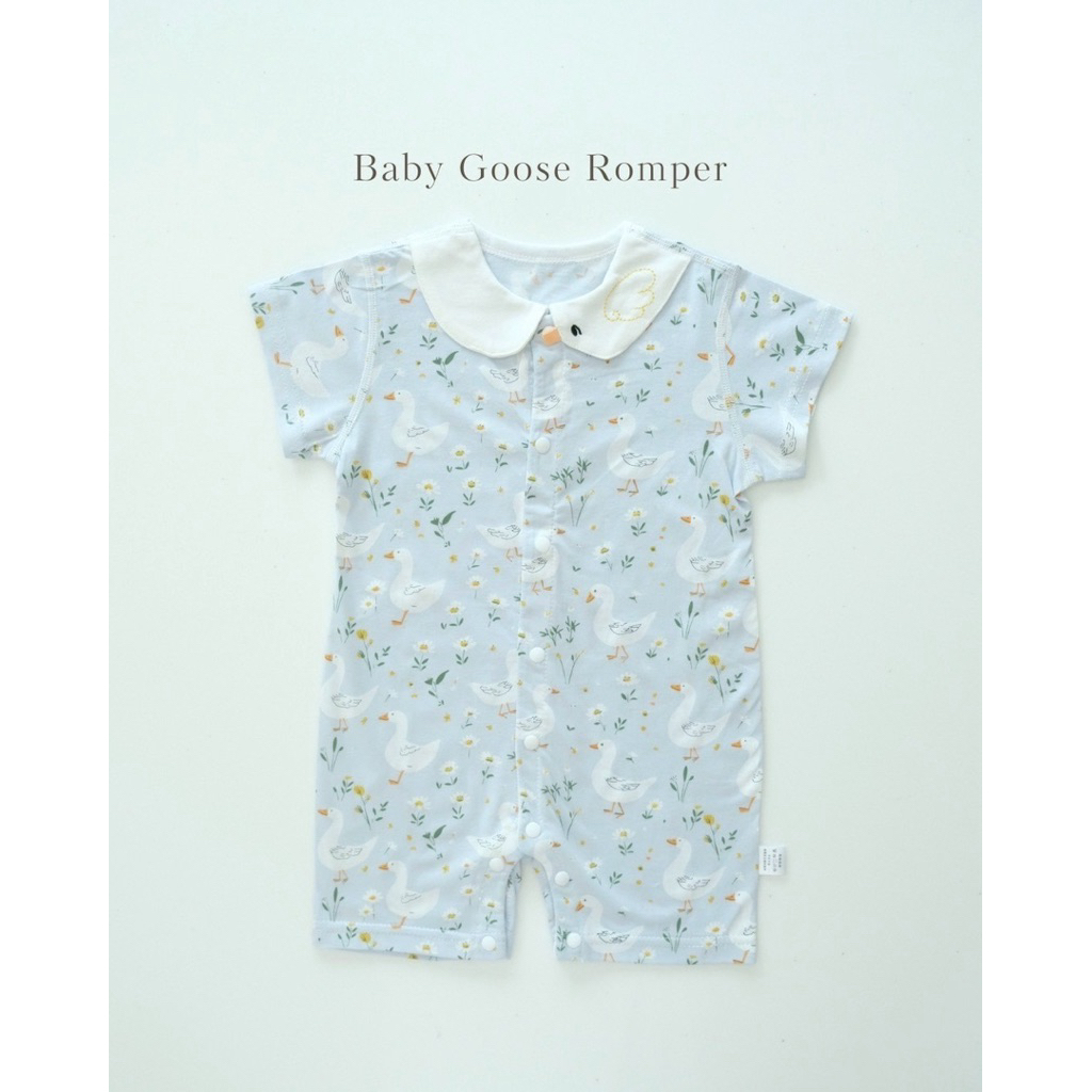 พร้อมส่ง รอมเปอร์เด็ก สีฟ้า ลายห่านลายเป็ดน่ารัก Baby Goose Romper ผ้านิ่มใส่สบาย คอกลม ดีเทลคอรูปห่าน