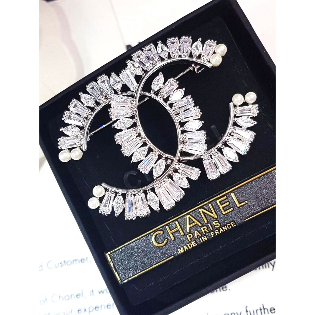 จี้สร้อยคอ เข็มกลัดติดเสื้อ  กระเป๋า JPT เพชรCZ รูปไขว้ สไตล์ชาแนล ประดับมุกแท้ งานเกาหลี ชุบทอง18K 