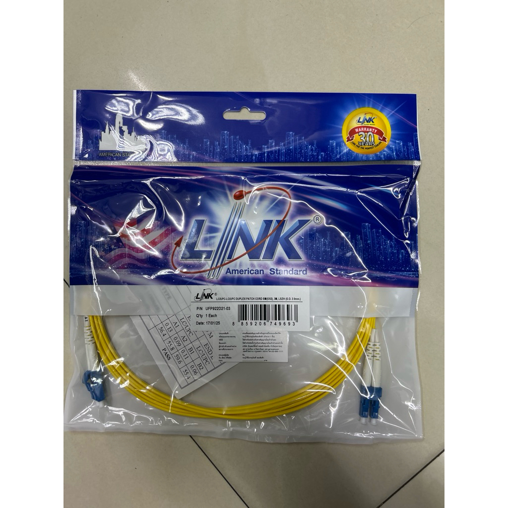 UFP922D21-03 LC /UPC - LC /UPC Patch cord OS2, Duplex Jacket 2mm. LENGTH 3 M. ออกใบกำกับภาษีได้