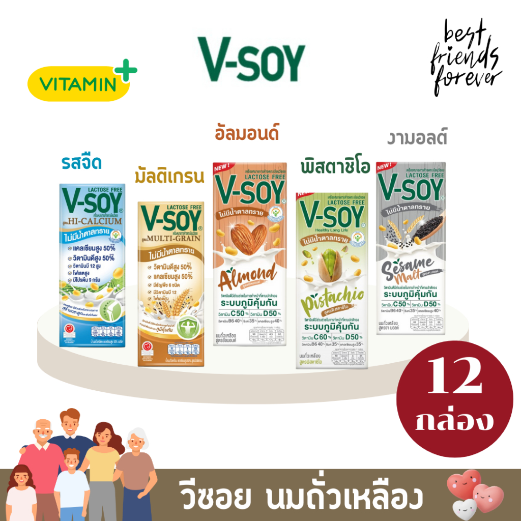 วีซอย (V soy) นมถั่วเหลือง (รสจืด,มัลติเกรน,อัลมอนด์, พิสตาชิโอ ,งามอลต์ )  แพ็ก 12 กล่อง