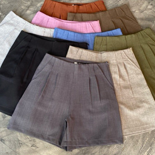 กางเกงขาสั้นเอวสูงกรีบหน้าซีปข้างงานผ้าโซดา ยาว 16-17 นิ้ว