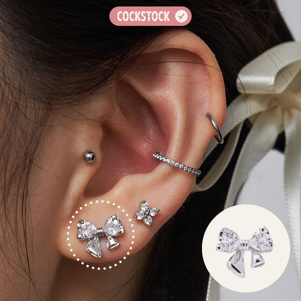 ต่างหูวงรูปหัวใจสองด้านดีไซน์โบว์ (ราคาต่อ 1 ชิ้น) CUTIE TWO-HEART RIBBON EARRING (1PCS) COCKSTOCK