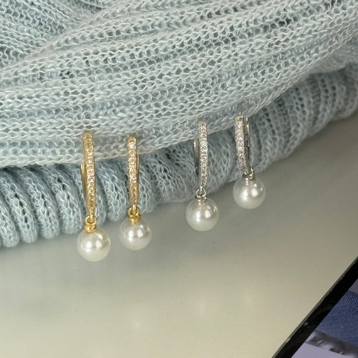 Suwann.na [ราคาต่อคู่] ต่างหูห่วง ต่างหูเงินแท้ ห่วงเพชรตุ้งติ้งมุกห้อย เงิน, ทอง