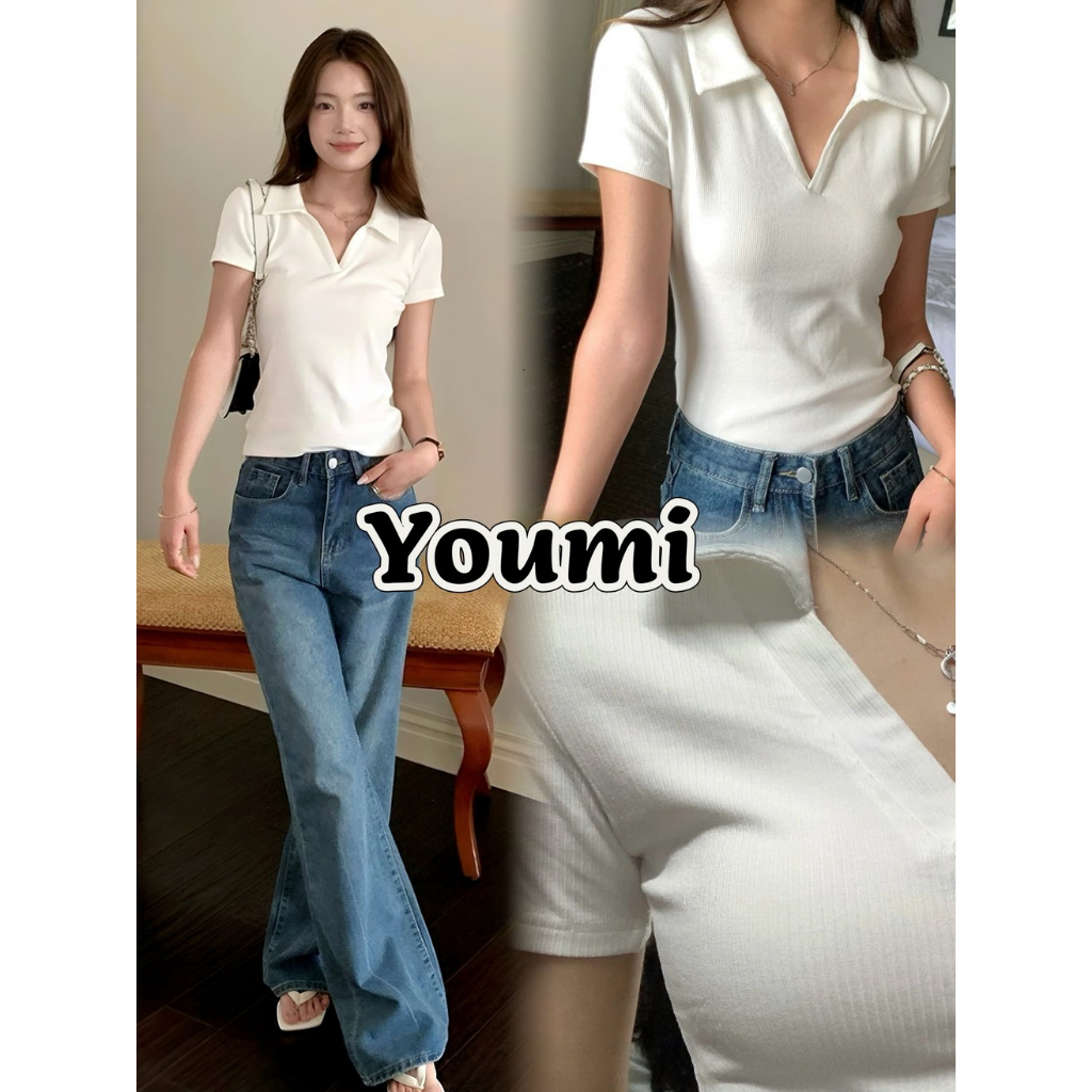 พร้อมส่ง เสื้อยืดผู้หญิง เสื้อยืดคอโปโล สีพื้น  แขนสั้น ดูเรียบร้อย สไตล์ลำลอง Youmi